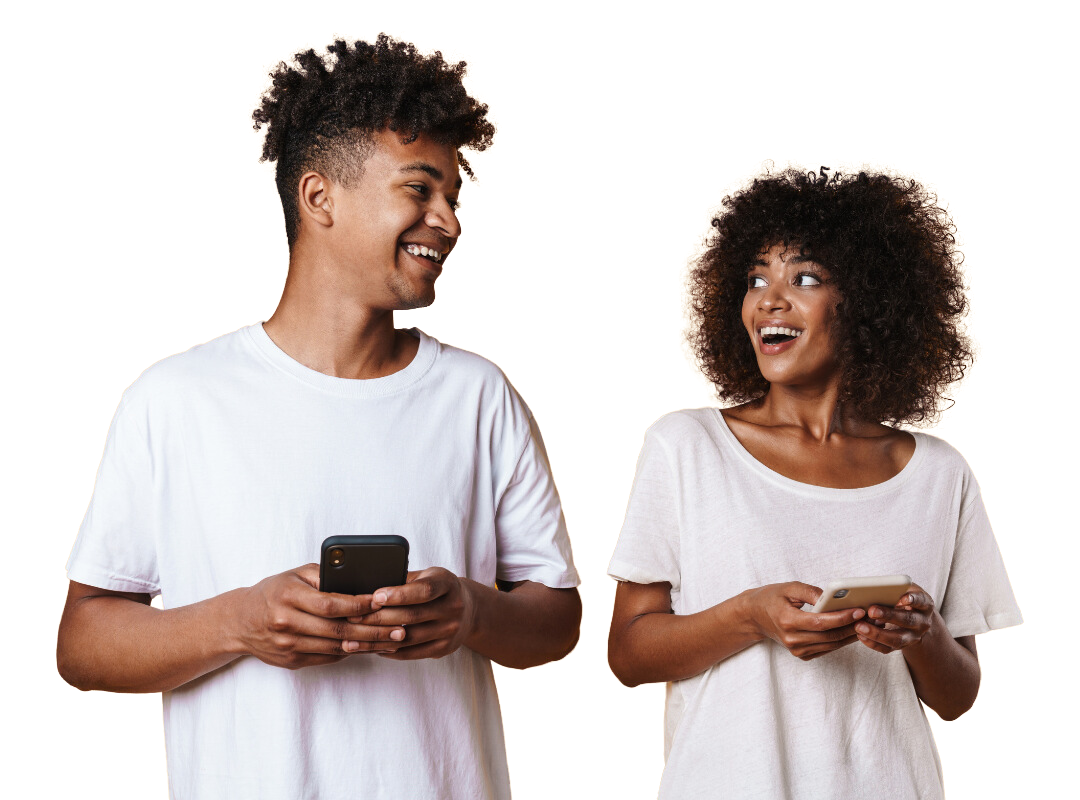 Two people holding phones and looking at each other.